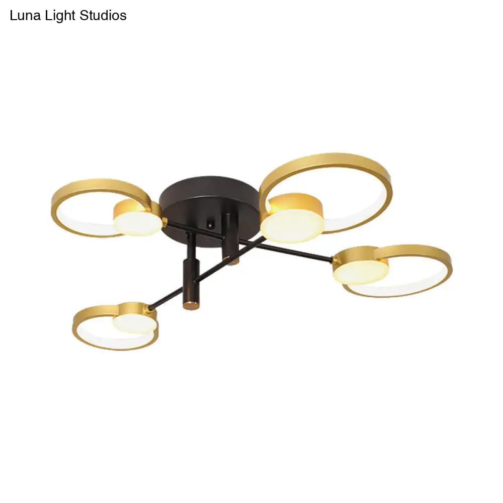 Contemporary Gold Semi Flush Mount Chandelier With Warm/White Light - 4/6 Bulb Metal Ceiling Lamp