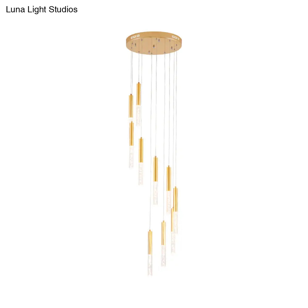 Contemporary Gold Slim Tube Hanging Light - Acrylic 10-Light Stair Pendant Chandelier