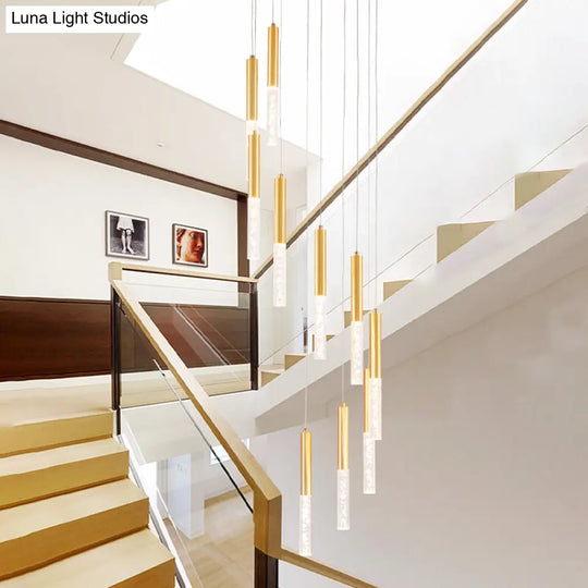 Modern Acrylic Gold Slim Tube Hanging Pendant Chandelier - 10 Lights Stair Multi Light Fixture