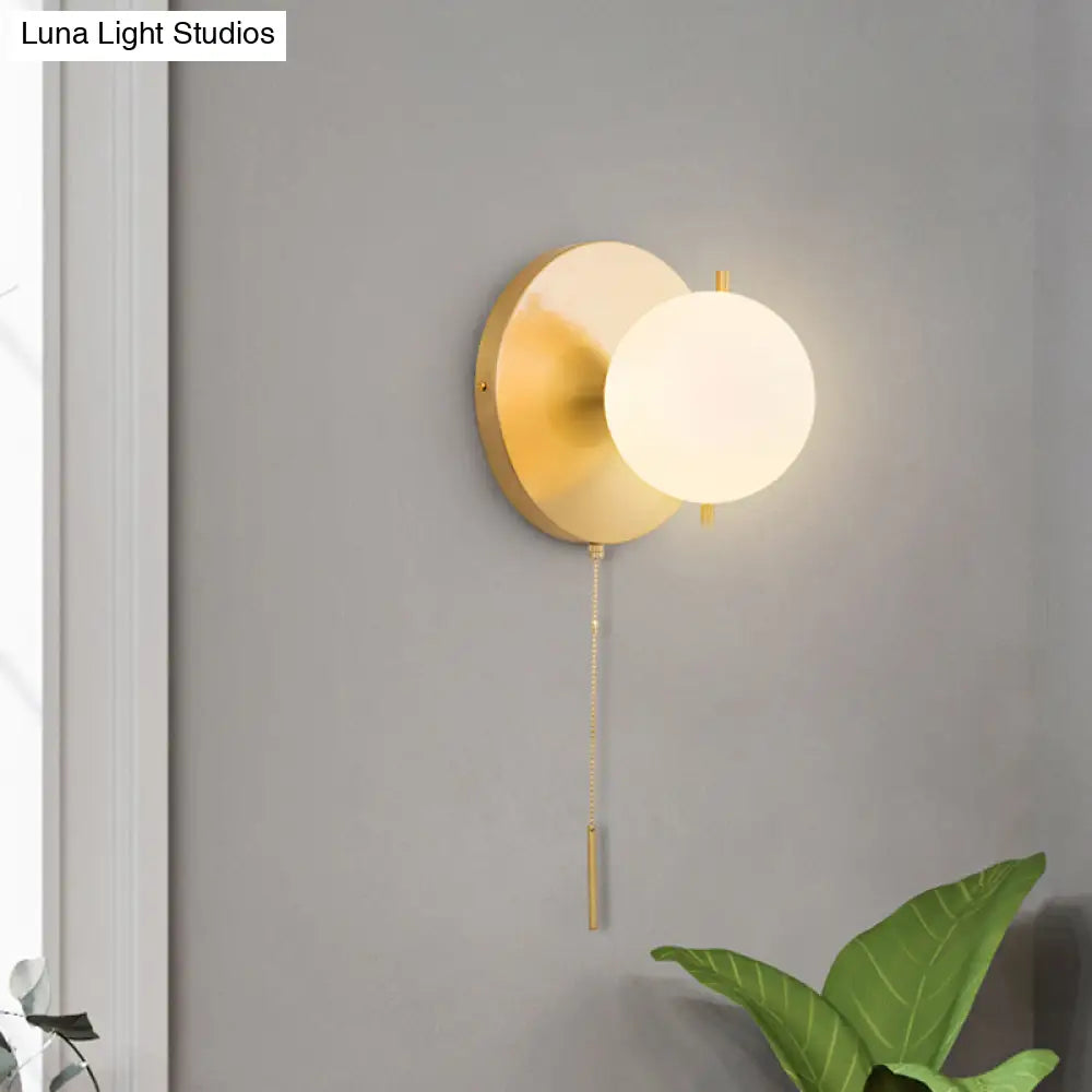 Contemporary Gold Sphere Wall Sconce For Bedroom - Milky Glass 1 Bulb Light Fixture