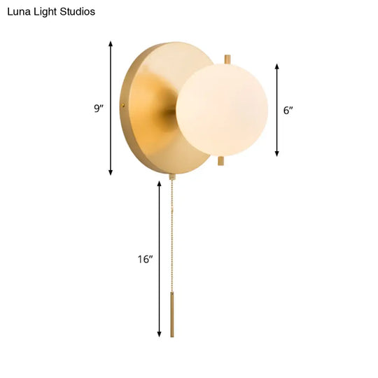 Contemporary Gold Sphere Wall Sconce For Bedroom - Milky Glass 1 Bulb Light Fixture