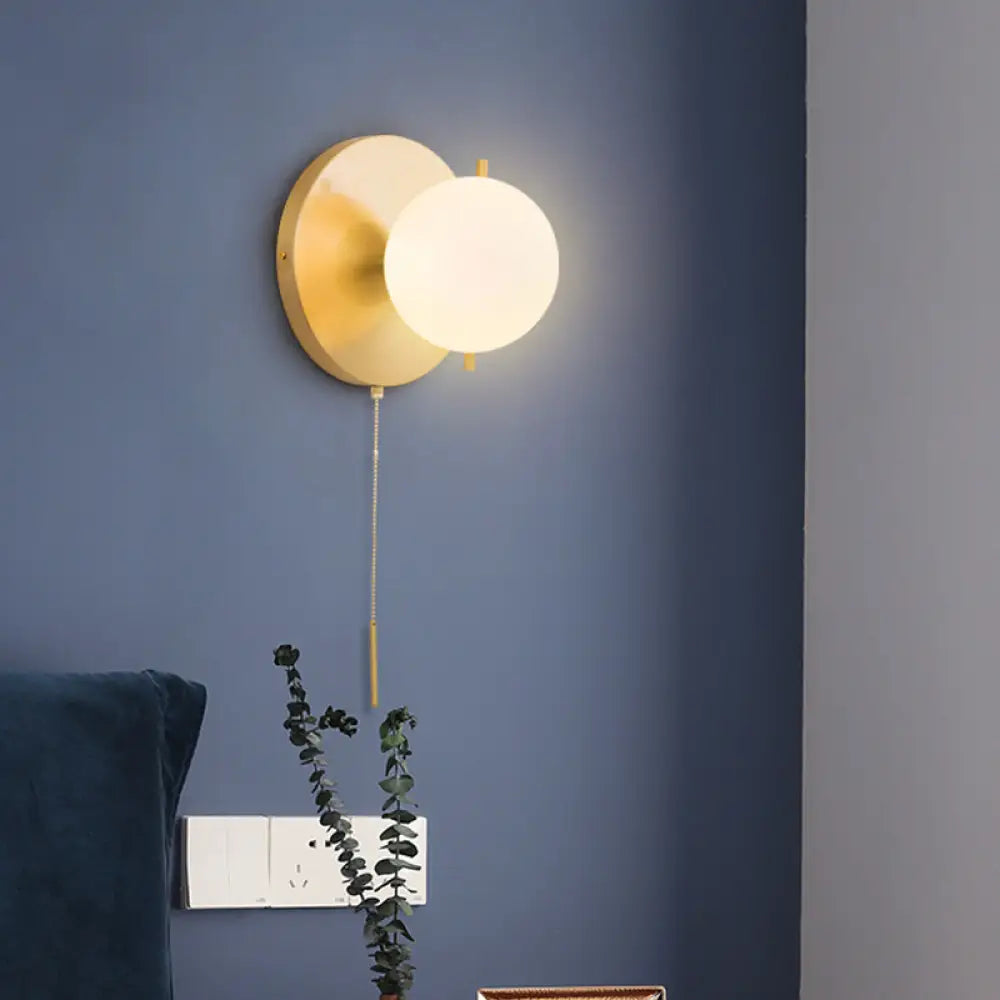 Contemporary Gold Sphere Wall Sconce For Bedroom - Milky Glass 1 Bulb Light Fixture