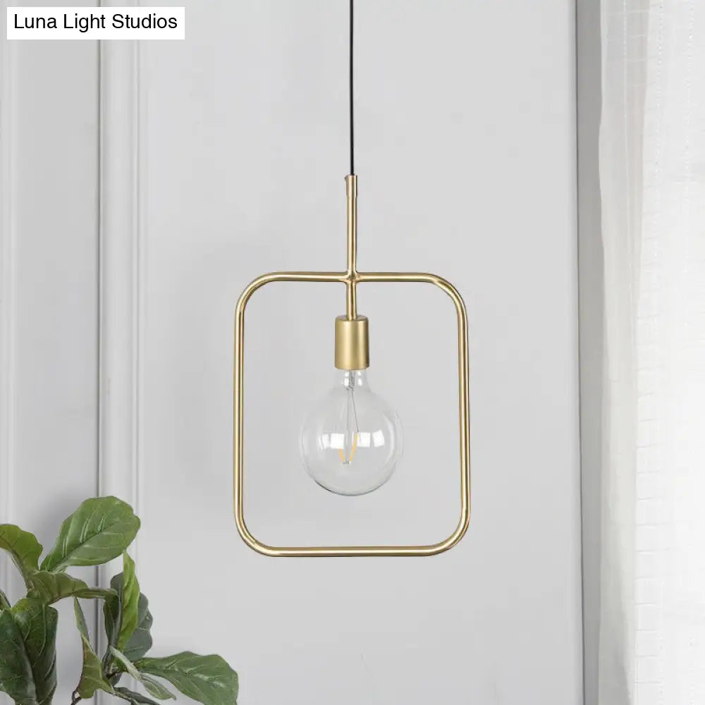 Contemporary Gold Square Skeleton Pendant Ceiling Light With Exposed Bulb - Stylish Metal Fixture