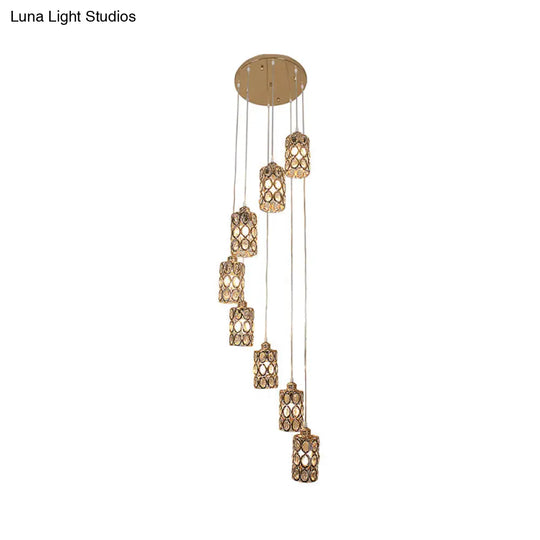 Contemporary Gold Stair Pendant With Crystal Cylinder Shades - 8-Head Multi-Light Hanging Lamp