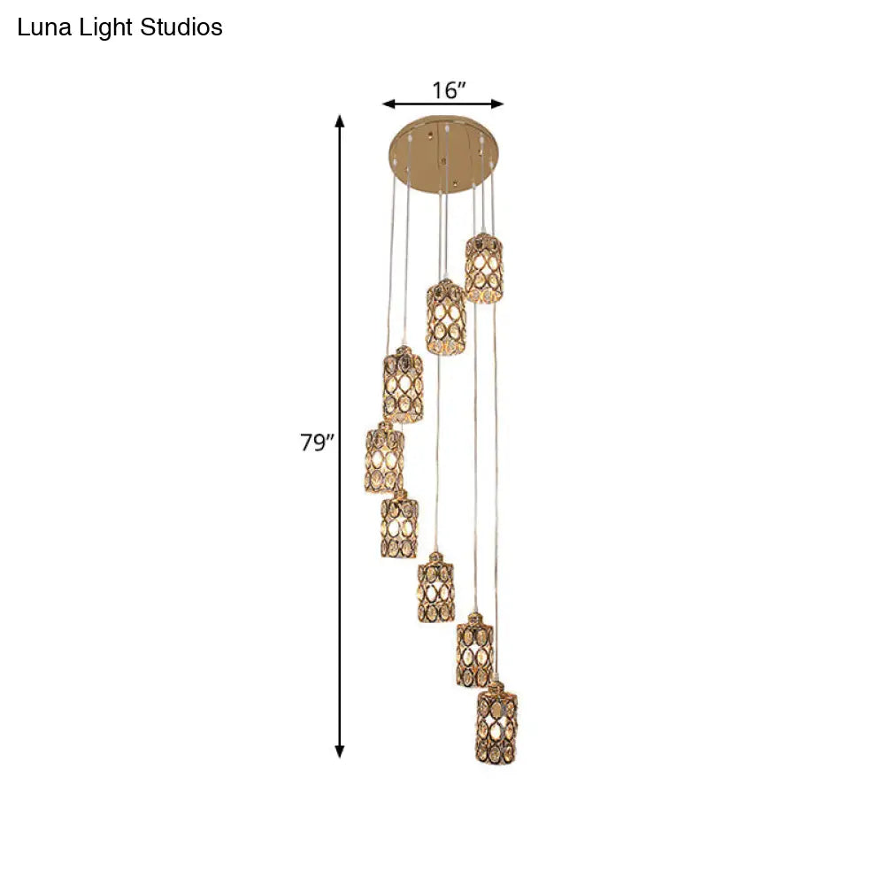 Contemporary Gold Stair Pendant With 8 Cylinder Shade Multi-Lights