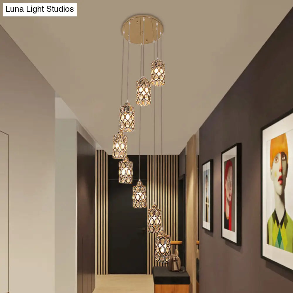 Contemporary Gold Stair Pendant With 8 Cylinder Shade Multi-Lights