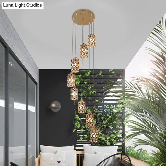 Contemporary Gold Stair Pendant With Crystal Cylinder Shades - 8-Head Multi-Light Hanging Lamp