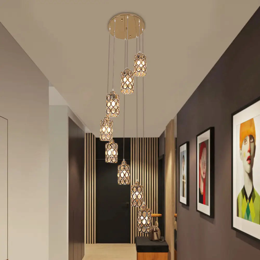 Contemporary Gold Stair Pendant With Crystal Cylinder Shades - 8-Head Multi-Light Hanging Lamp