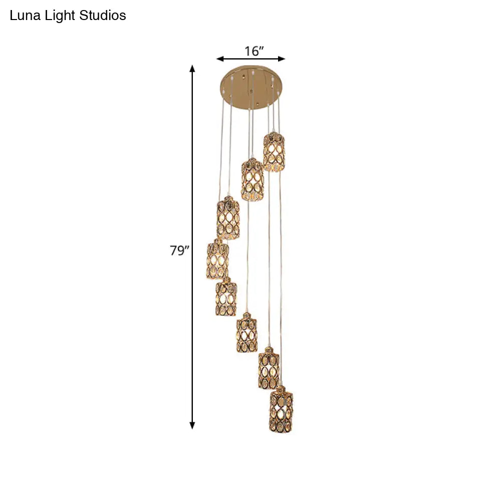 Contemporary Gold Stair Pendant With Crystal Cylinder Shades - 8-Head Multi-Light Hanging Lamp