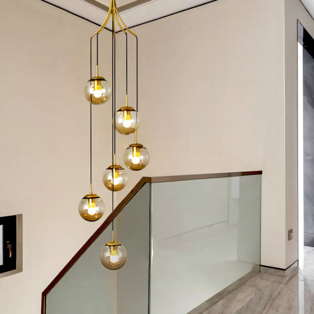 Contemporary Gold Staircase Multi Ceiling Lamp With Frost Glass: Elegant Suspension Light Fixture 6