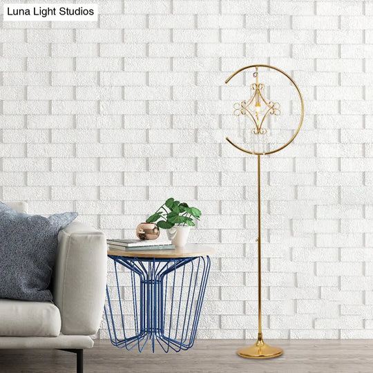 Contemporary Gold Standing Lamp With Crystal Design - Scrolled Frame Floor Lighting