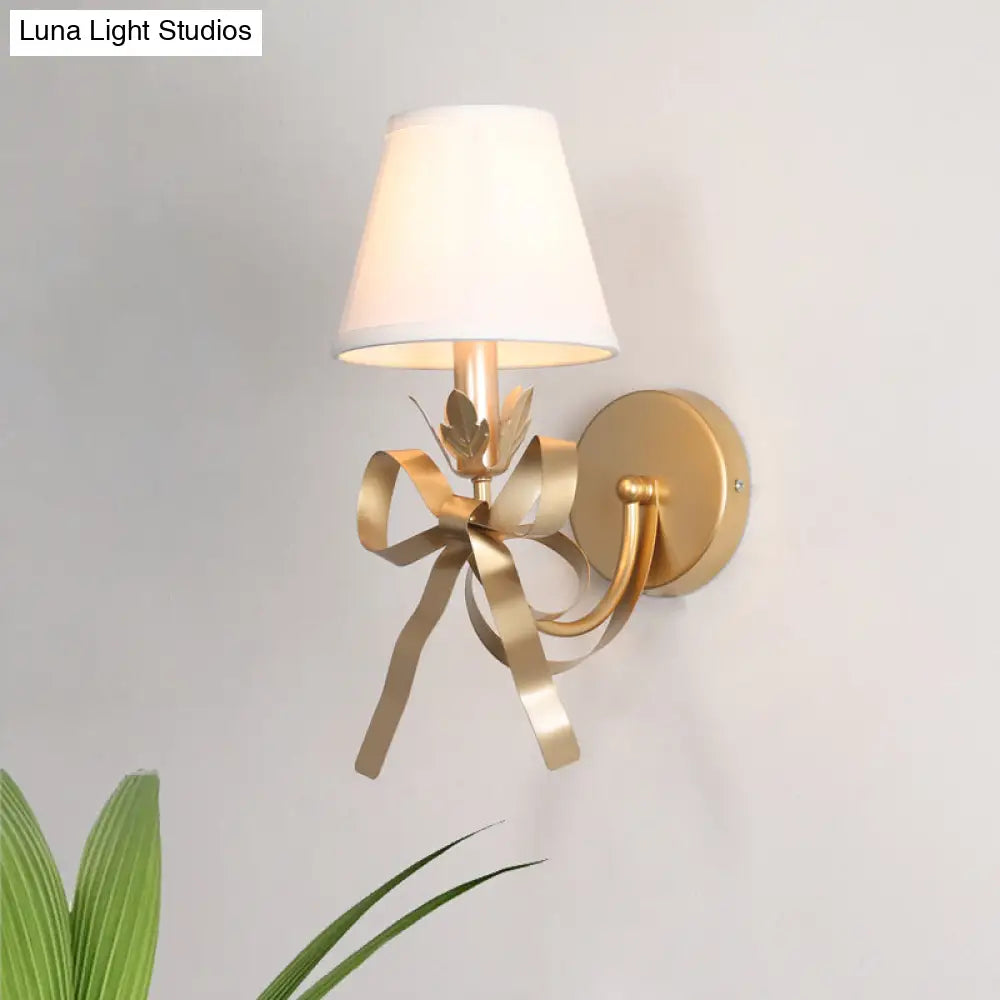 Contemporary Gold Swag Sconce Lighting - Metal Wall Mounted Lamp With Ribbon Decor And Fabric