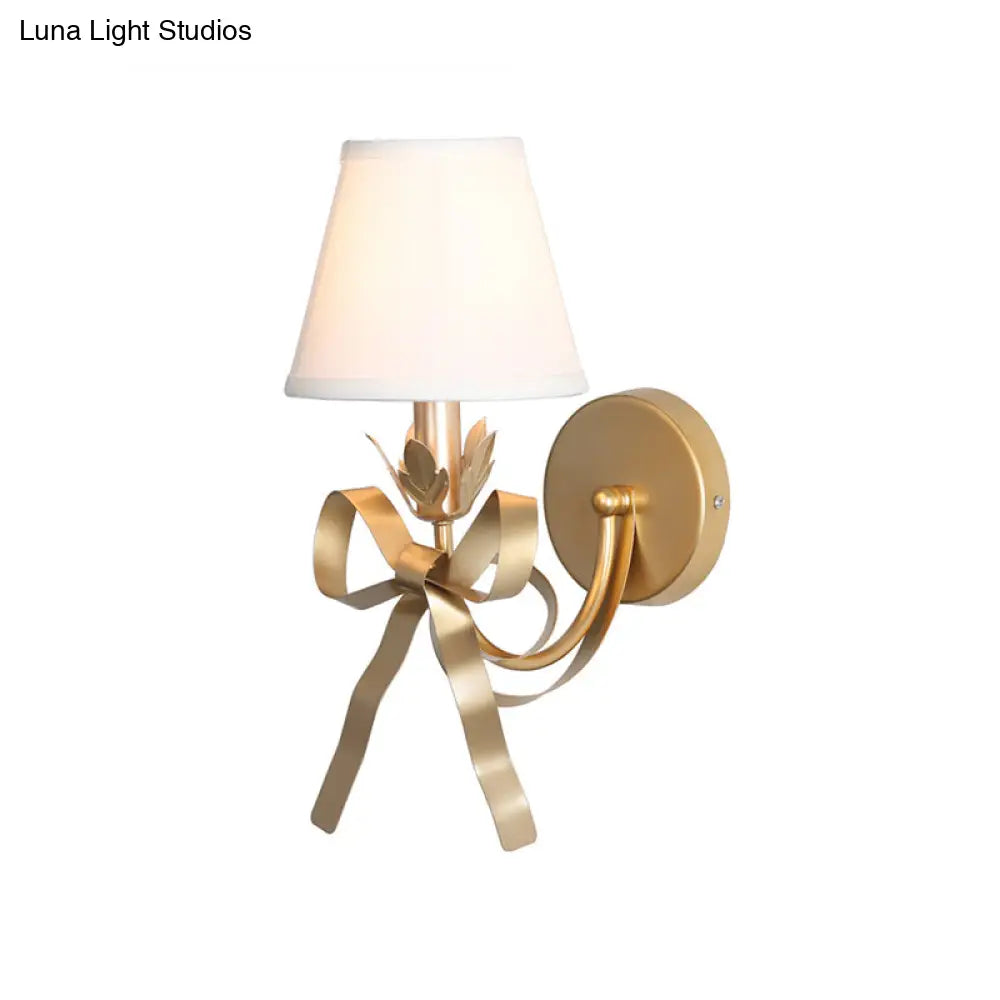 Contemporary Gold Swag Sconce Lighting - Metal Wall Mounted Lamp With Ribbon Decor And Fabric