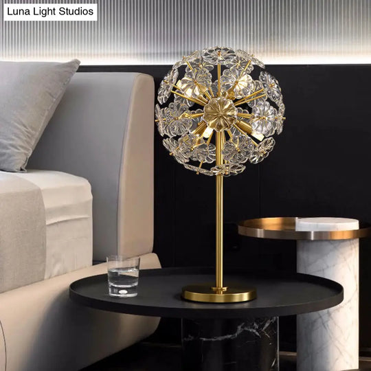 Contemporary Gold Table Lamp With 6 Floral-Shaped Clear Crystal Heads