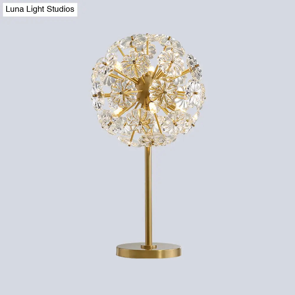 Contemporary Gold Table Lamp With 6 Floral-Shaped Clear Crystal Heads