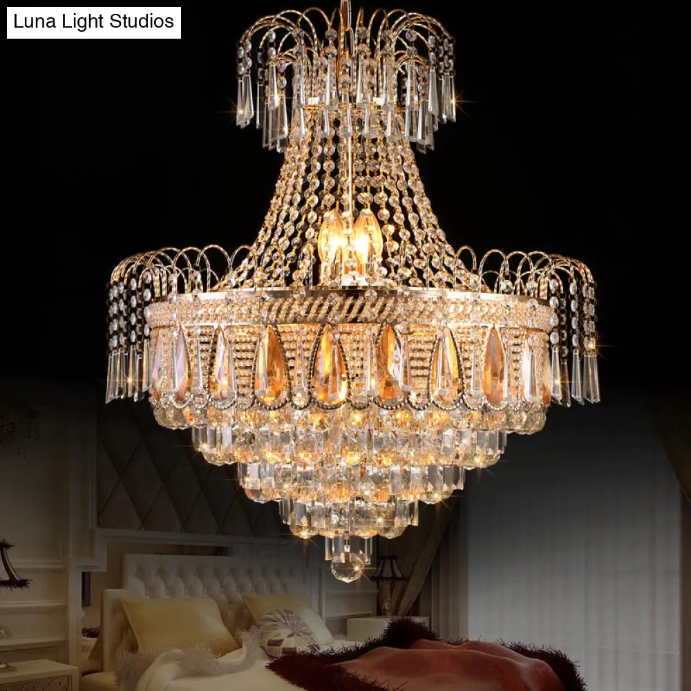 Gold Contemporary Tiered Bedroom Chandelier With 10 Crystal Lights