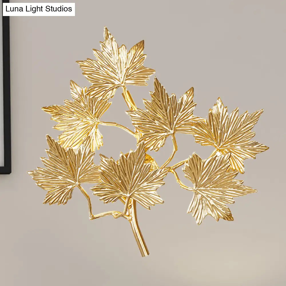 Contemporary Gold Wall Mount Sconce With 3 Lights - Aluminum Maple Leaf Design For Stairway