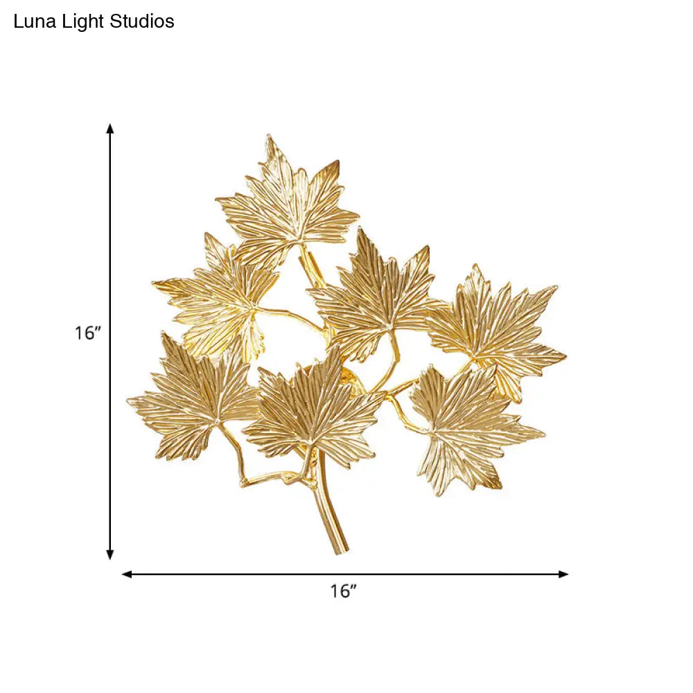 Contemporary Gold Wall Mount Sconce With 3 Lights - Aluminum Maple Leaf Design For Stairway