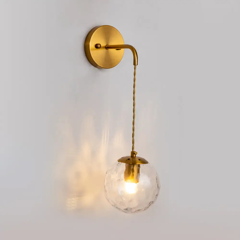 Contemporary Gold Wall Mounted Lamp With Clear Dimpled Blown Glass - Round Sconce