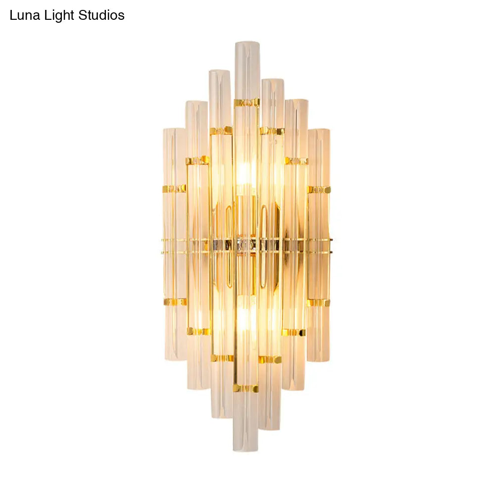 Contemporary Golden Wall Lamp With Clear Crystal Tubes - 2 Lights Living Room Fixture