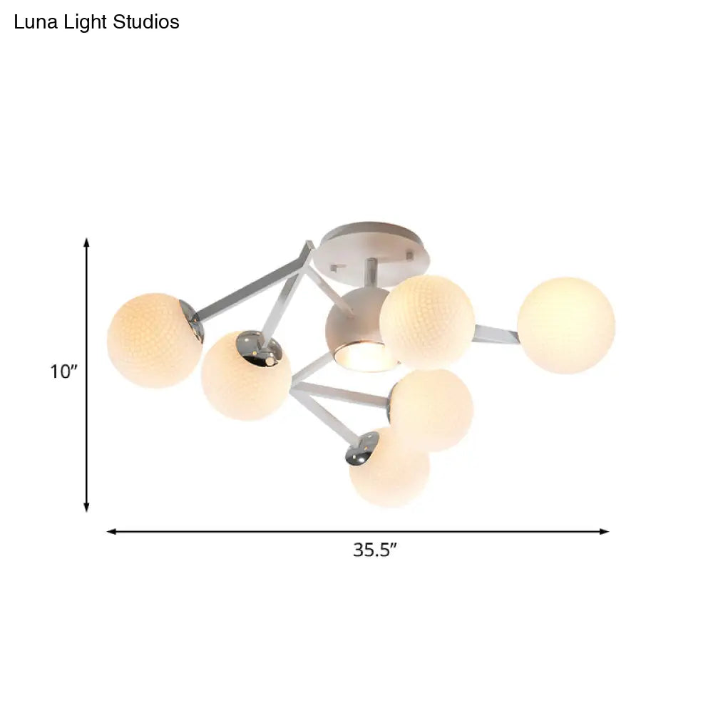 Contemporary Golf Ball Semi Flushmount Ceiling Lamp With White Glass - 9 Bulb Spiral Design