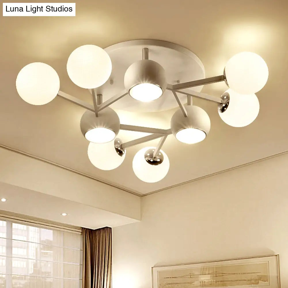 Contemporary Golf Ball Semi Flushmount Ceiling Lamp With White Glass - 9 Bulb Spiral Design