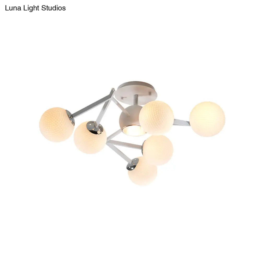 Contemporary Golf Ball 9 Bulb Semi Flush Ceiling Lamp With White Glass