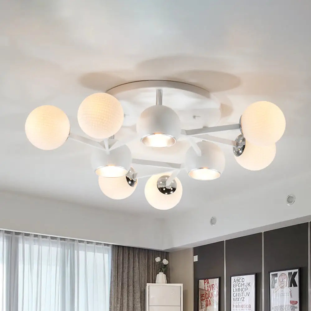 Contemporary Golf Ball Semi Flushmount Ceiling Lamp With White Glass - 9 Bulb Spiral Design