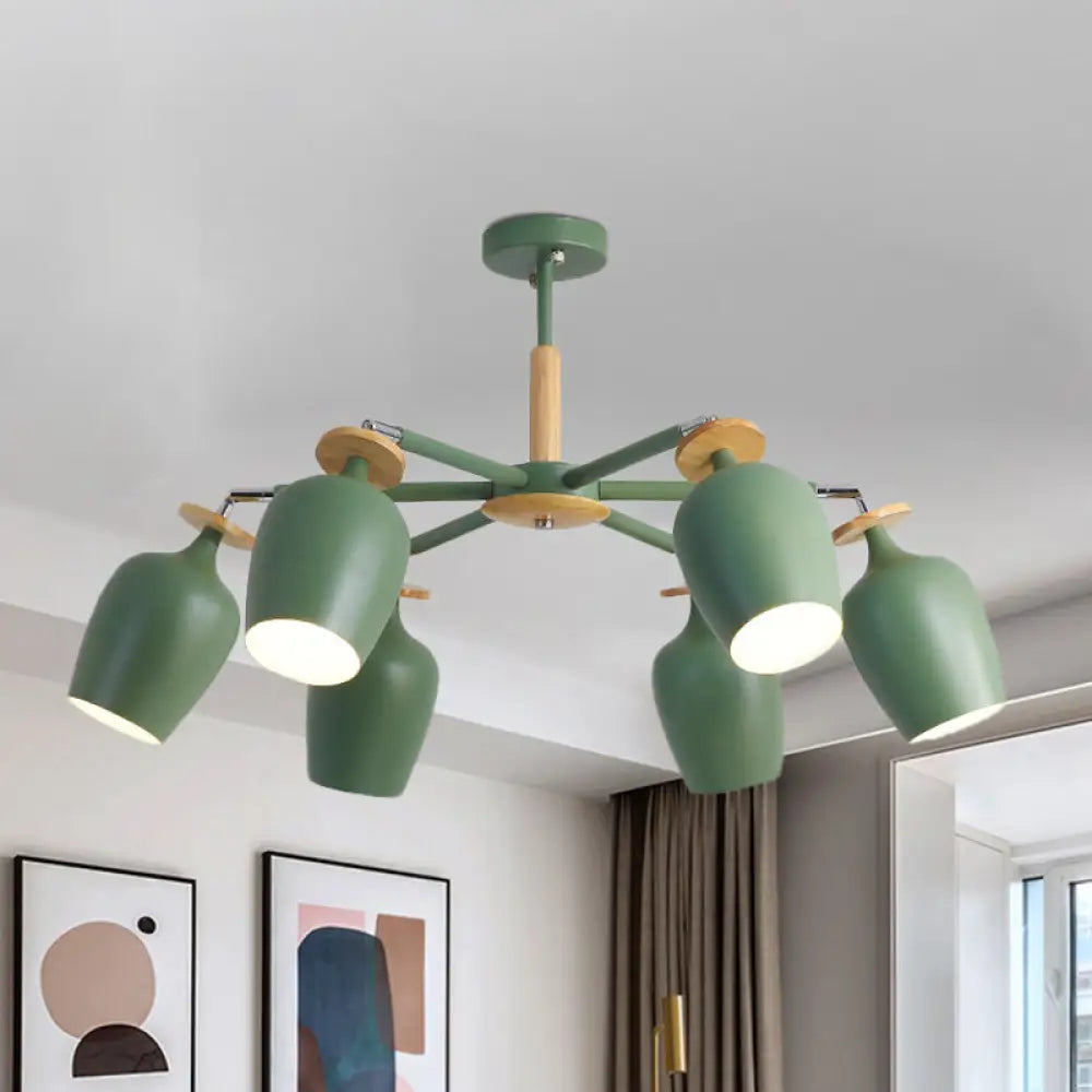 Contemporary Green Tulip Semi Flush Light Fixture With Iron Flushmount & Wood Detail - 6/8 Bulb