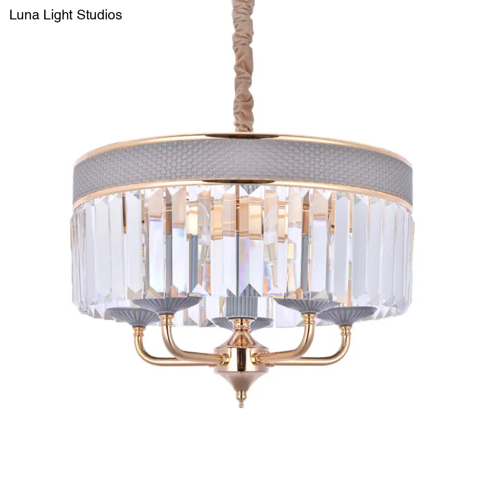 Contemporary Grey Drum Chandelier With Crystal Shade - 5 Heads Pendant Lighting Fixture