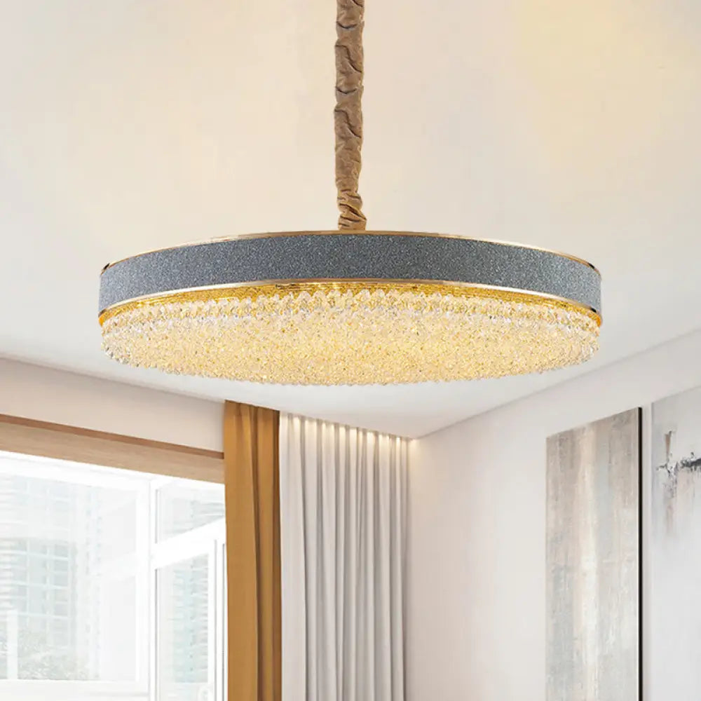 Contemporary Grey Finish Round Pendant Chandelier With Clear Crystal Beads - 9 Bulbs For Stylish