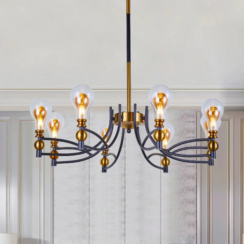 Contemporary Hanging Chandelier - Clear Glass Bulb Shape Down Lighting 6/8 Lights Black & Gold