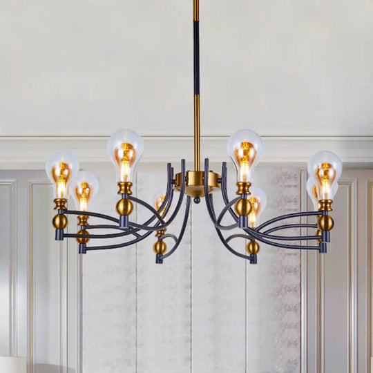 Contemporary Hanging Chandelier - Clear Glass Bulb Shape Down Lighting 6/8 Lights Black & Gold