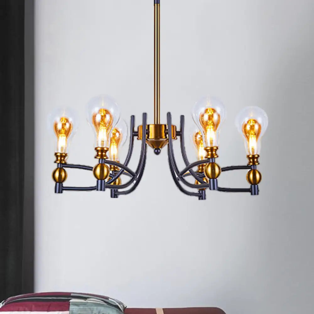 Contemporary Hanging Chandelier - Clear Glass Bulb Shape Down Lighting 6/8 Lights Black & Gold