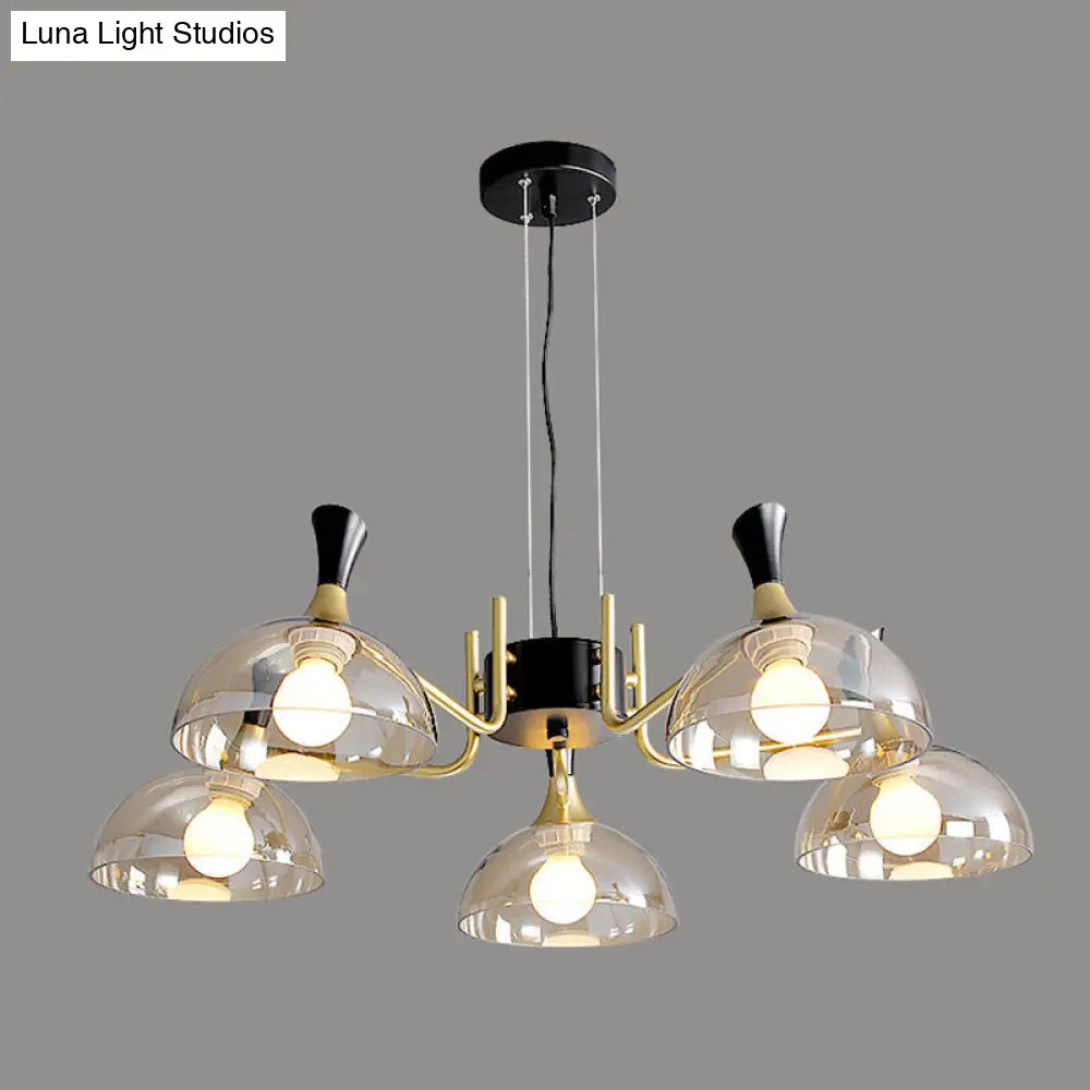 Modern Black-Brass Glass Chandelier With Bowl Shape For Restaurants 5 / Amber