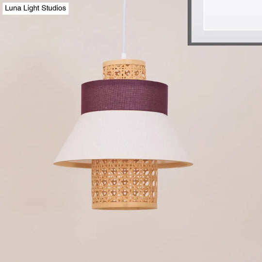 Contemporary Hanging Light Kit - 1-Bulb Suspension Pendant In Green/Purple/Light Purple With Fabric