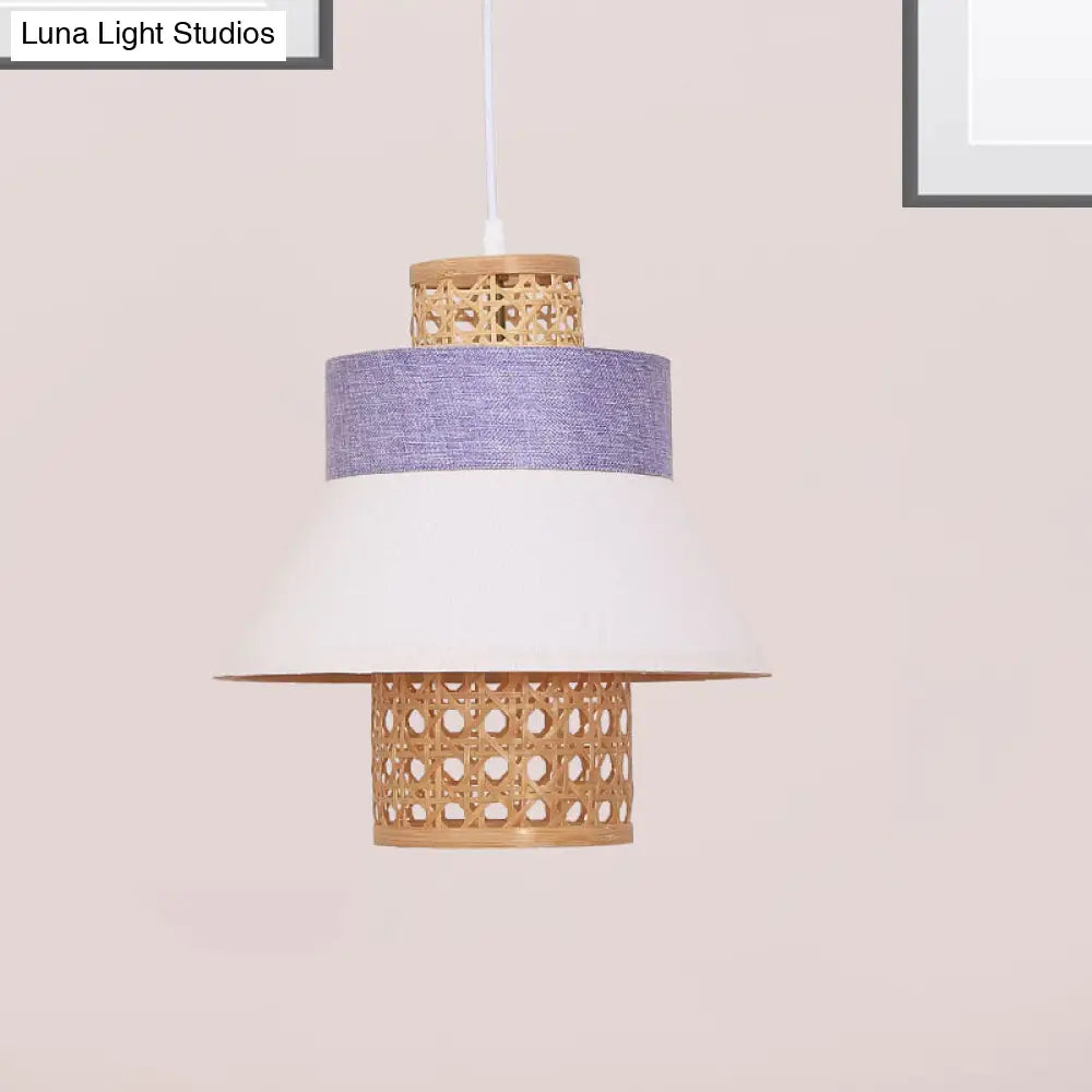 Contemporary Hanging Light Kit - 1-Bulb Suspension Pendant In Green/Purple/Light Purple With Fabric