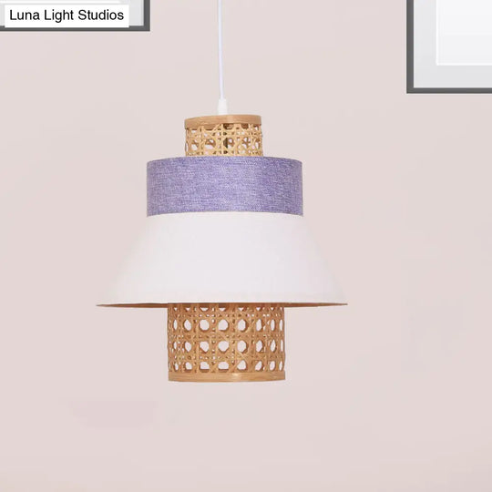 Contemporary Hanging Light Kit - 1-Bulb Suspension Pendant In Green/Purple/Light Purple With Fabric