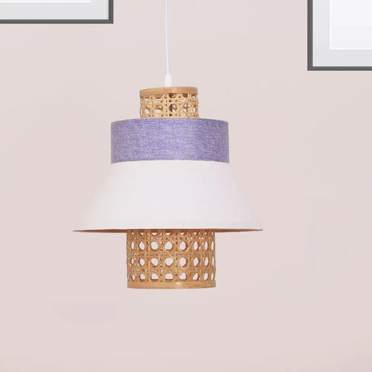 Contemporary Hanging Light Kit With Fabric Shade - Green/Purple/Light Purple Cylinder Suspension