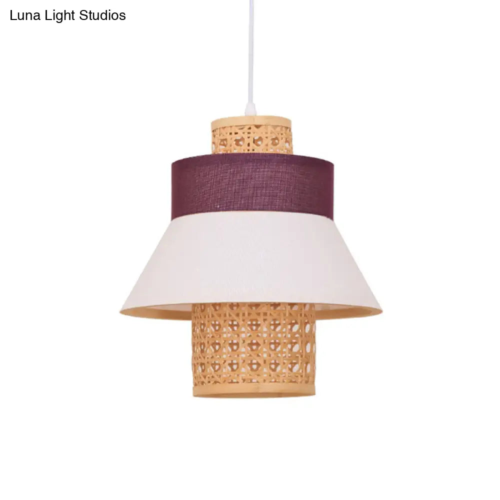 Contemporary Hanging Light Kit With Fabric Shade - Green/Purple/Light Purple Cylinder Suspension