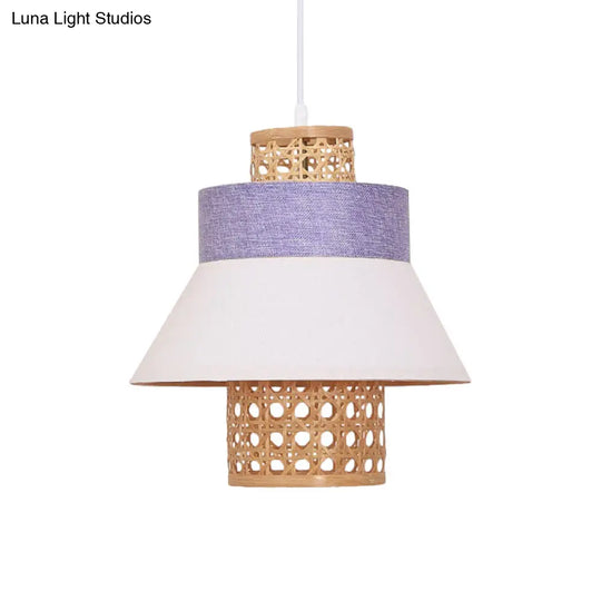 Contemporary Hanging Light Kit - 1-Bulb Suspension Pendant In Green/Purple/Light Purple With Fabric