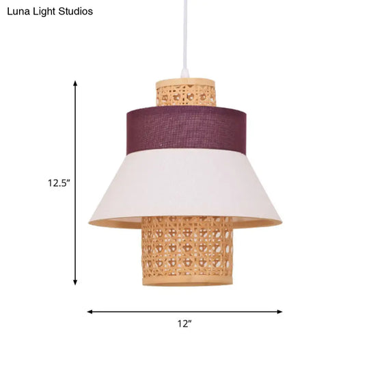 Contemporary Hanging Light Kit - 1-Bulb Suspension Pendant In Green/Purple/Light Purple With Fabric