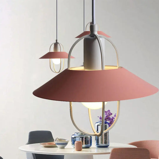 Contemporary Hanging Light With Metal Shade - 1 Black/Pink/White Lantern Suspension Pink