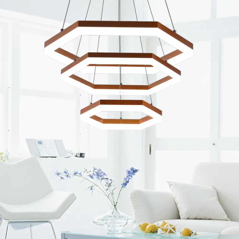 Contemporary Hexagon Acrylic Chandelier - 1/2/3 Lights Khaki Led White/Warm Light 3 / Warm