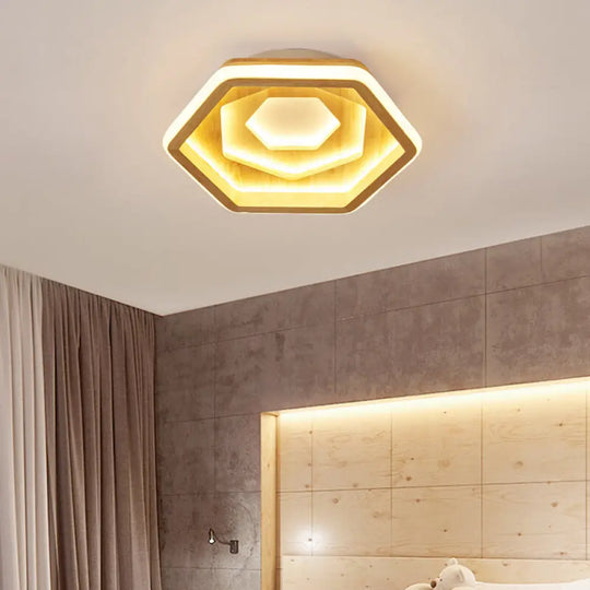 Contemporary Honeycomb Led Flush Ceiling Light In Beige Wood / Medium Warm