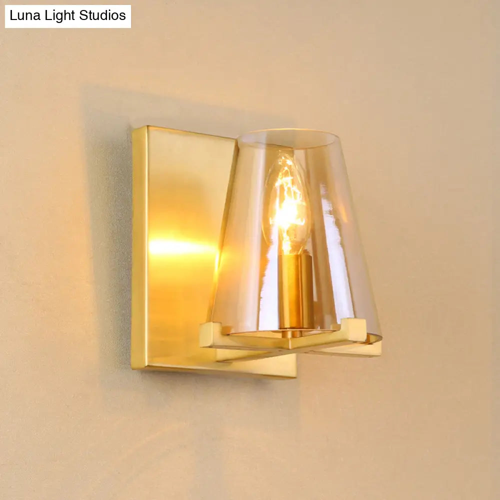 Contemporary Indoor Brass Wall Sconce With Glass Shade - Single Light Mount Lamp For Living Room