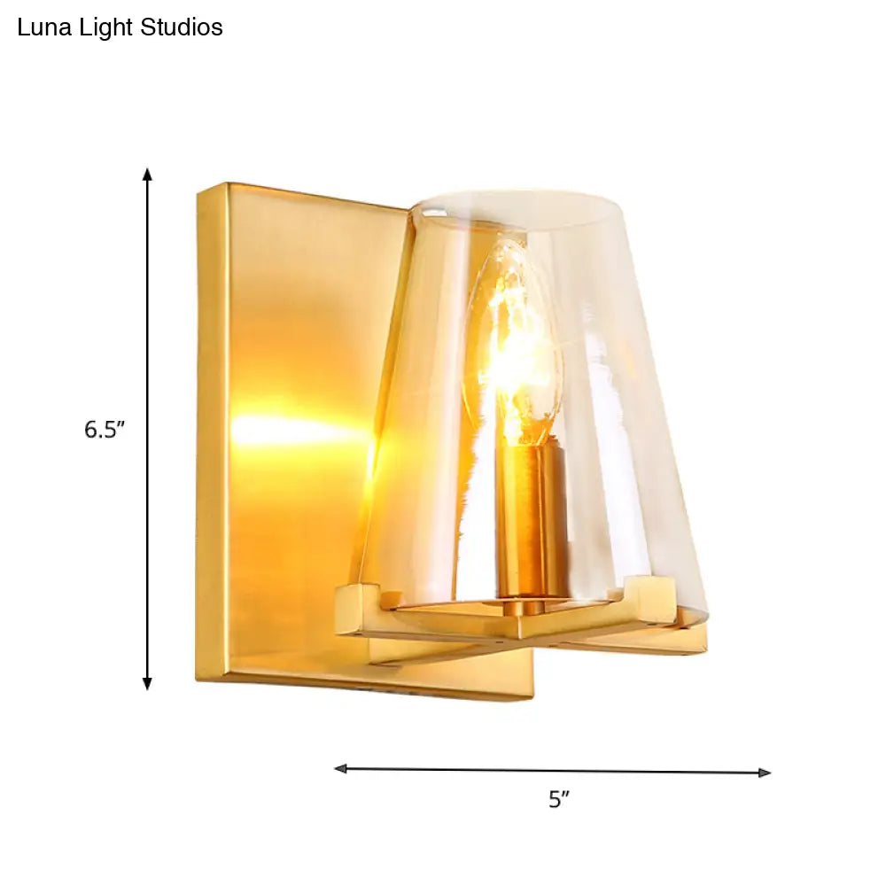 Contemporary Indoor Brass Wall Sconce With Glass Shade - Single Light Mount Lamp For Living Room