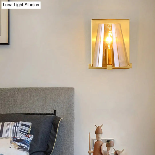 Contemporary Indoor Brass Wall Sconce With Glass Shade - Single Light Mount Lamp For Living Room