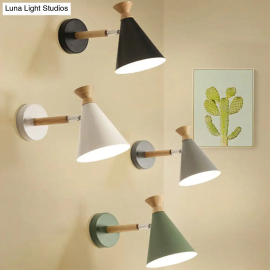 Contemporary Iron Conical Wall Lamp With Wood Top - Stylish Mounted 1-Bulb Lighting Solution