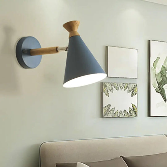 Contemporary Iron Conical Wall Lamp With Wood Top - Stylish Mounted 1-Bulb Lighting Solution Blue